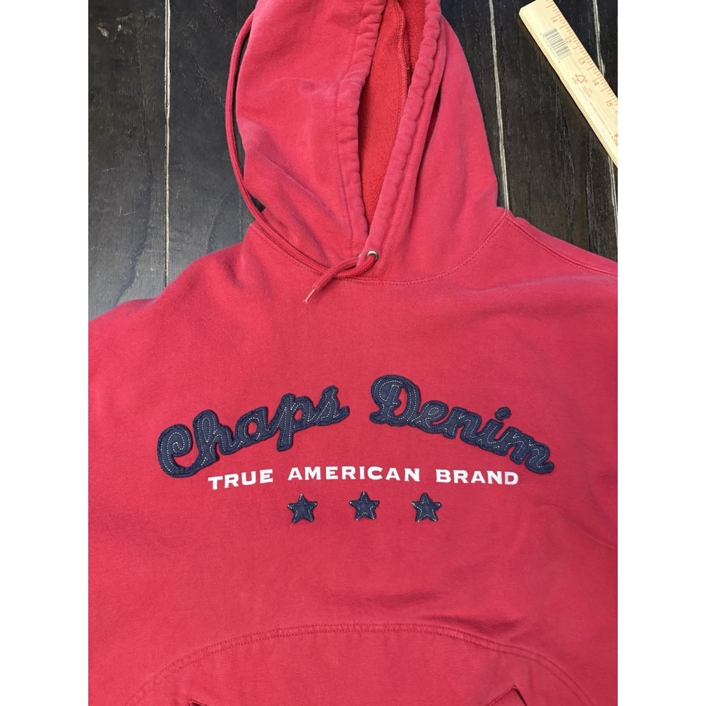VTG Chaps Denim Mens L Red Pullover Hoodie Applique Logo Y2K Americana Hoodie